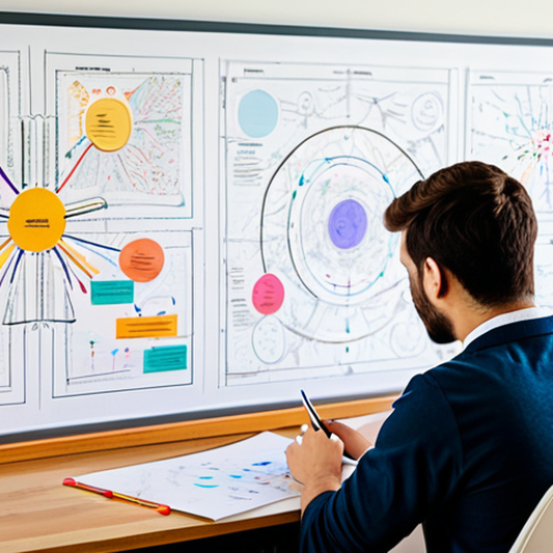 Home 4 A focused young professional, dressed in a modest business casual outfit, intently drawing a colorful, intricate mind map on a large sheet of paper on a clean, light wooden desk. The mind map visually connects complex scientific concepts with small, clear diagrams and symbols, demonstrating how abstract ideas are untangled and knowledge is synchronized. The background is a bright, modern study room with diffused natural light, showing neatly organized bookshelves in soft focus. The individual has perfect anatomy, correct proportions, and a natural pose, with well-formed hands and proper finger count. Professional photography, high quality, sharp focus on the mind map, safe for work, appropriate content, fully clothed, professional, modest, family-friendly.