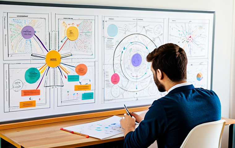 A focused young professional, dressed in a modest business casual outfit, intently drawing a colorful, intricate mind map on a large sheet of paper on a clean, light wooden desk. The mind map visually connects complex scientific concepts with small, clear diagrams and symbols, demonstrating how abstract ideas are untangled and knowledge is synchronized. The background is a bright, modern study room with diffused natural light, showing neatly organized bookshelves in soft focus. The individual has perfect anatomy, correct proportions, and a natural pose, with well-formed hands and proper finger count. Professional photography, high quality, sharp focus on the mind map, safe for work, appropriate content, fully clothed, professional, modest, family-friendly.